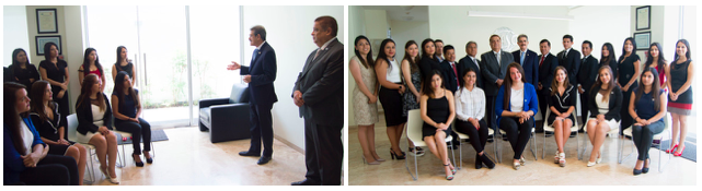 Primera foto: Discurso del Sr. Fermín Cuza, Presidente Internacional de World BASC Organization, a los colaboradores del Capítulo BASC Perú. Segunda foto: El Sr. Fermín Cuza, Presidente de WBO, junto a colaboradores del Capítulo BASC Perú.
